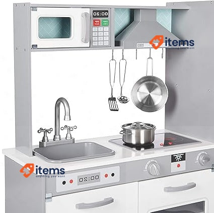 Amazon Basics Kids Upright Kitchen Toy Playset with Accessories White & Gray