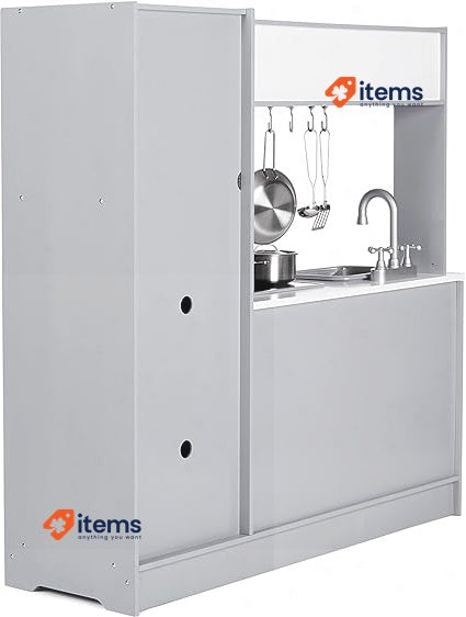 Amazon Basics Kids Upright Kitchen Toy Playset with Accessories White & Gray