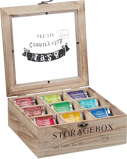 Relaxdays Tea Box, 9 Compartments Chest H x W x D: 9 x 24 x 25 cm, Wood