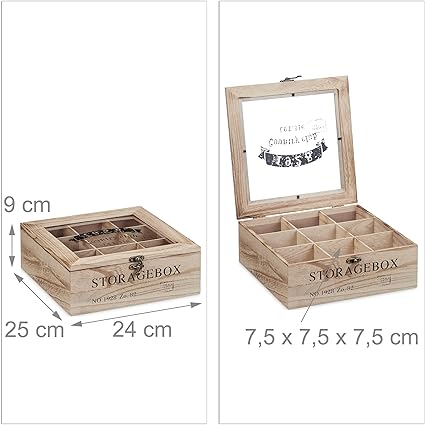 Relaxdays Tea Box, 9 Compartments Chest H x W x D: 9 x 24 x 25 cm, Wood