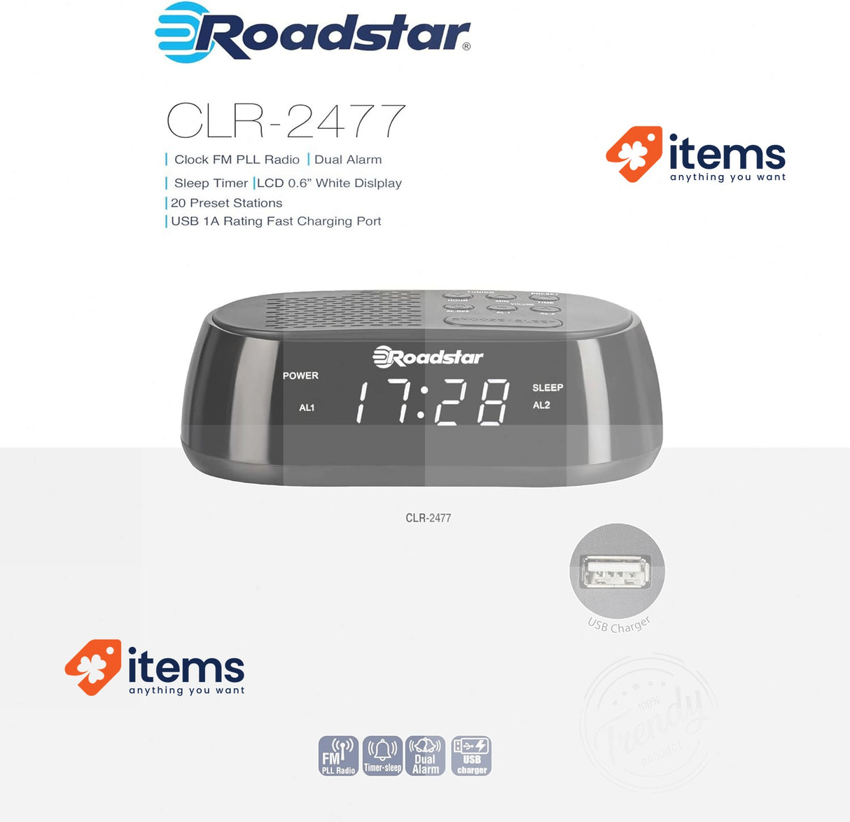 Roadstar CLR-2477 Radio Alarm Clock with LED Display, Black, Usb Connection 20