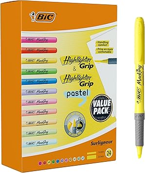 BIC Highlighter Grip & Highlighter Grip Pastel Assorted Colours, Pack of 24