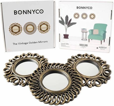 BONNYCO Wall Mirrors Pack of 3 Gold Vintage Mirrors for Living Room, Home Decor