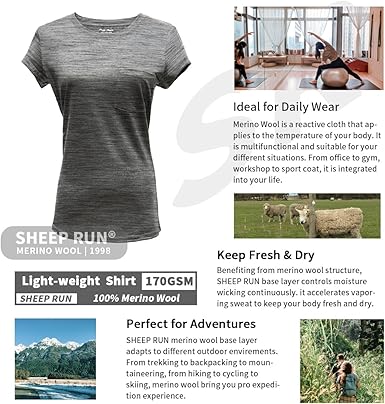 SHEEP RUN 100% Merino Wool Women's Lightweight Hiking Running Yoga T Shirt