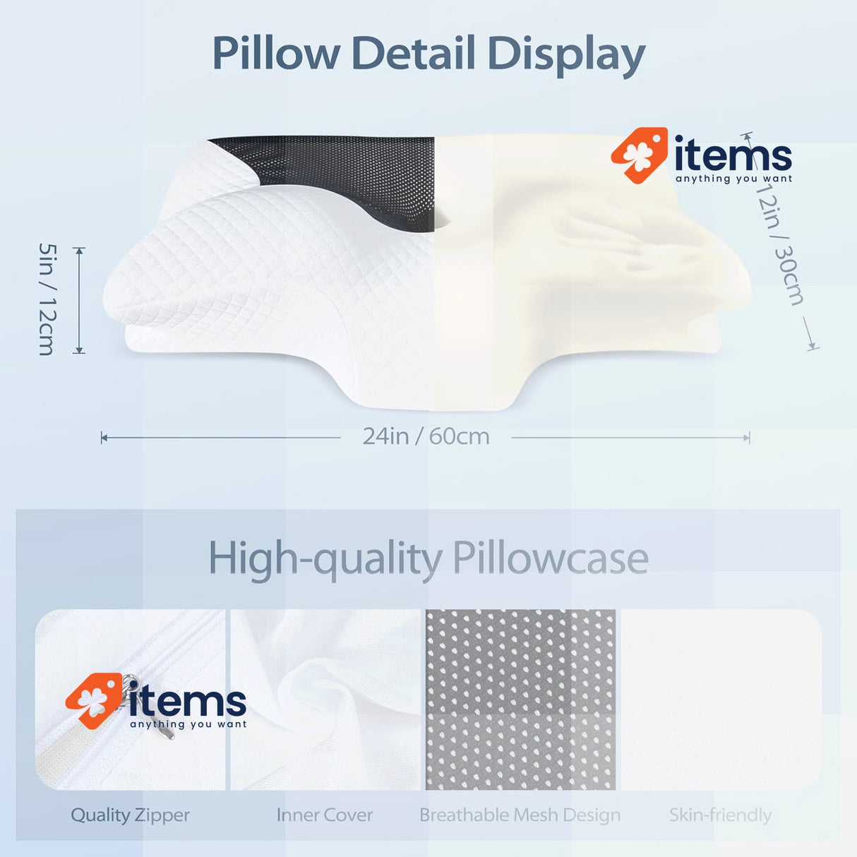 Homca Memory Foam Pillow PL01 in White, 24" x 12 x 5" (60x35x12cm) Black Shape