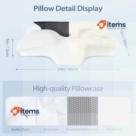 Homca Memory Foam Pillow PL01 in White, 24" x 12 x 5" (60x35x12cm) Black Shape
