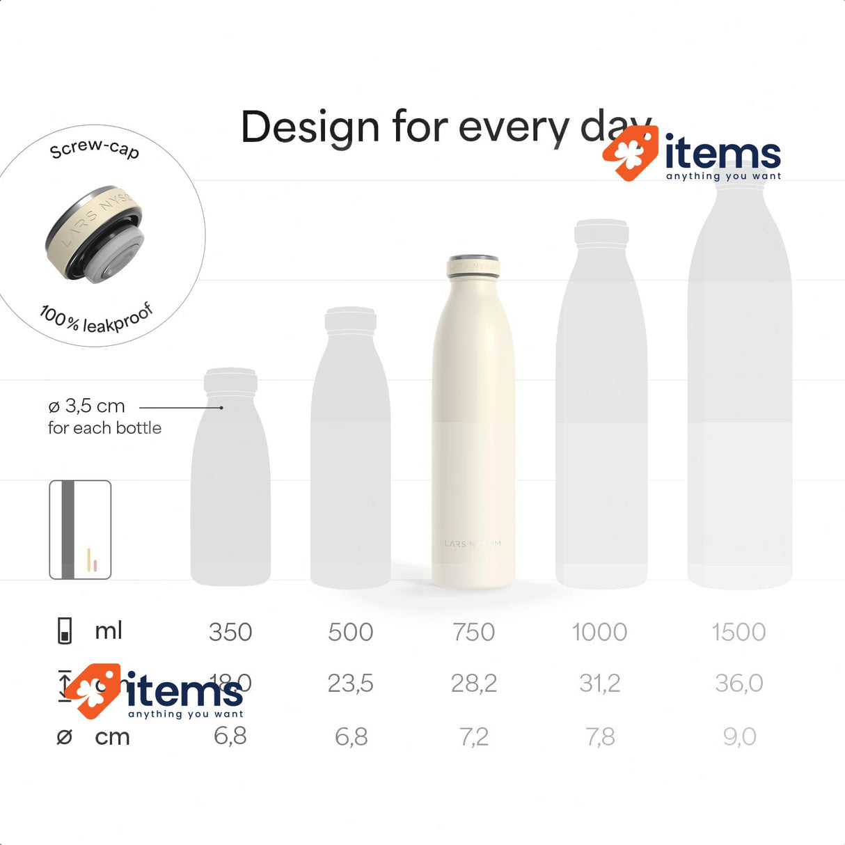 LARS NYSØM Stainless Steel Insulated Water Bottle, Thermo Flask, 750ml, Black