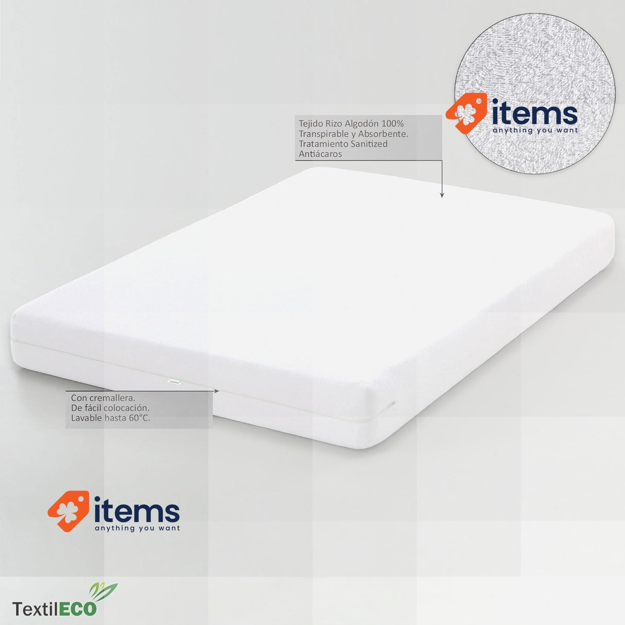 Textileco Mattress Cover 150 Cm Terry Cloth Cotton Full Zip Closure Anti - Dust