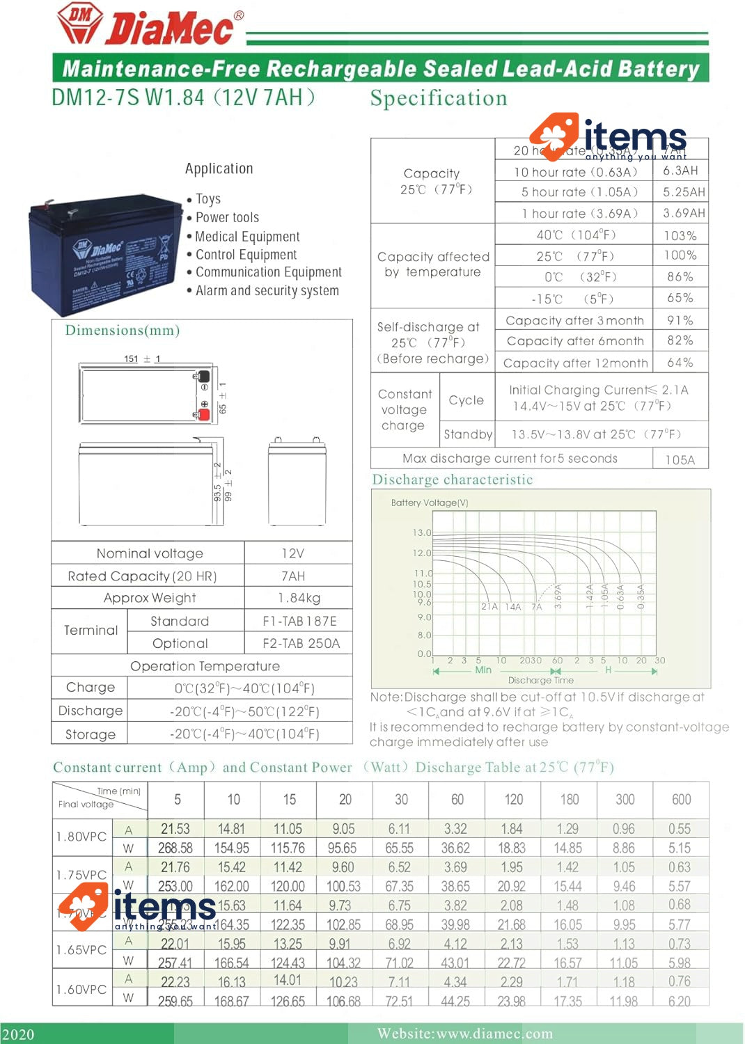 Diamec AGM Lead Battery 12 V 7 Ah F1 for Safety