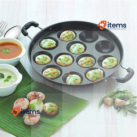 JagMor Non-Stick Cookware Appam Patra with Lid and Strong Handle Black