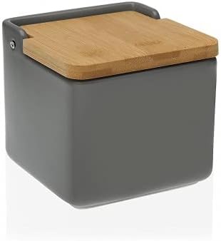 DRW Original Square Ceramic Salt Shaker with Bamboo Lid 12 x 12 x 12 cm (Grey)