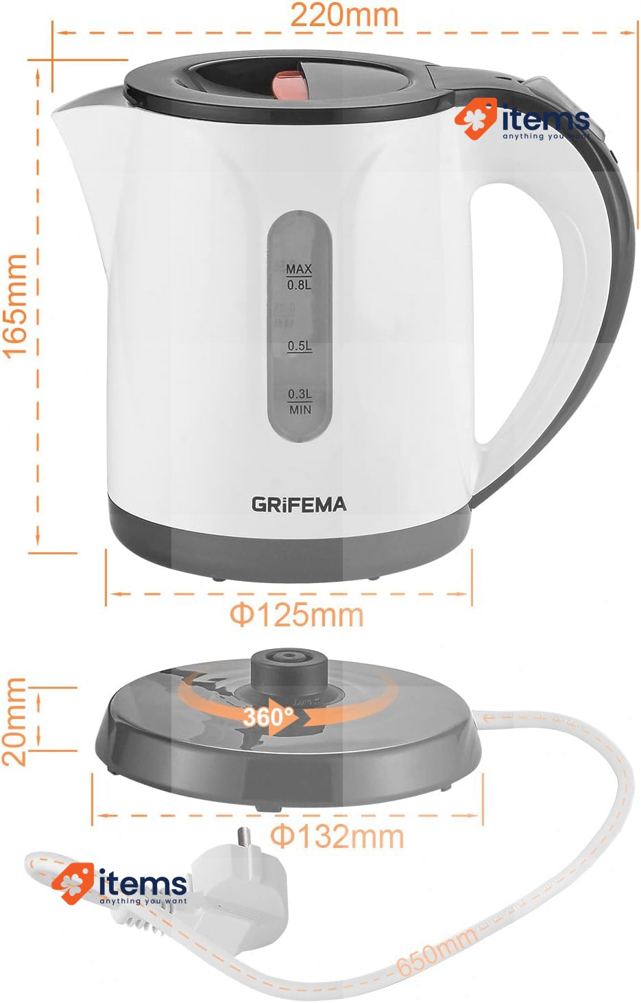 RIFEMA GC1001 Electric Kettle 0.8 L/1100 W Boiling Power White