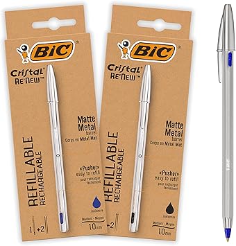 BIC Crystal Renew Rechargeable metal pen, pack of 2 pens + 4 recharg
es