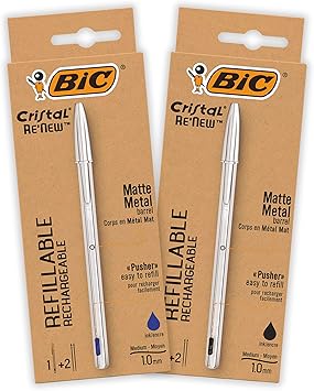 BIC Crystal Renew Rechargeable metal pen, pack of 2 pens + 4 recharg
es