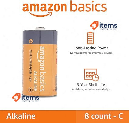 Amazon Basics 8-Pack C Cell Alkaline All-Purpose Batteries, 1.5 Volt