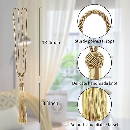 Pretty Jolly 2 Pack Long Tassel Curtain Tiebacks Handmade Gold