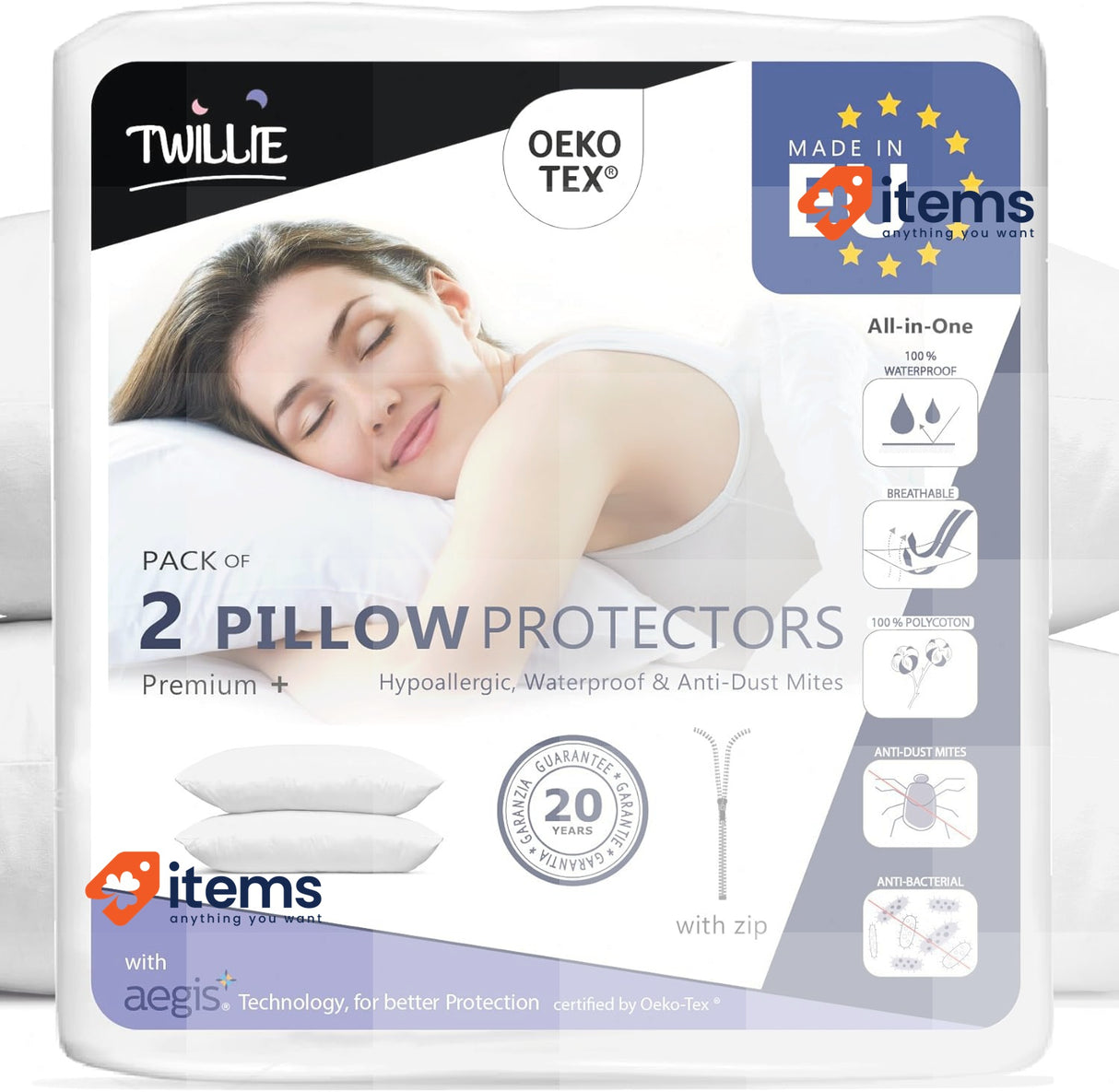 Twillie - Waterproof Pillowcase 50x80 cm - Set of 2, Oeko-Tex® certified Aegis®