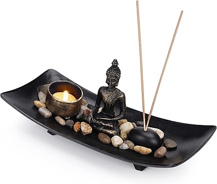 Belle Vous Sitting Buddha Candle and Incense Stick Holder in Zen Garden Tray