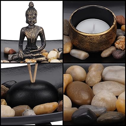 Belle Vous Sitting Buddha Candle and Incense Stick Holder in Zen Garden Tray