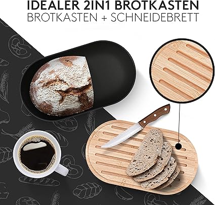 Vezato Bread Box -Sustainable Bread Bin for Long Freshness Black