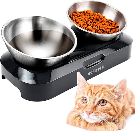 Edipets, Cat Dog Pet Feeder, Double Stainless Steel Bowl Medium Silver