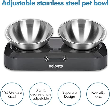 Edipets, Cat Dog Pet Feeder, Double Stainless Steel Bowl Medium Silver