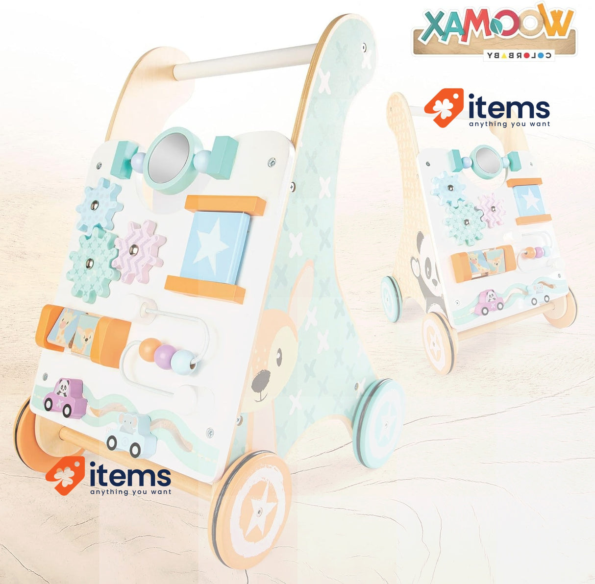 COLORBABY 49320 Wooden Walking Frame WOOMAX Walker Toy Trolley Play Activities