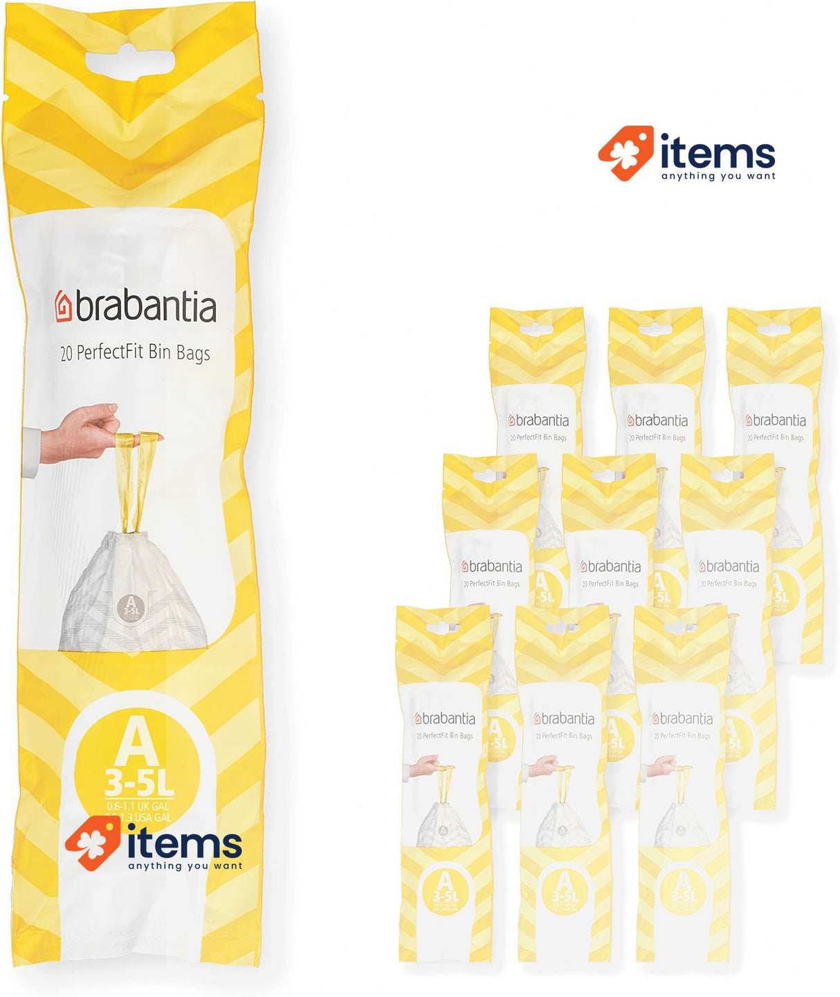 Brabantia PerfectFit Bin Liners Multipack (Size A/3 Litre) Plastic 200 Bags Tape