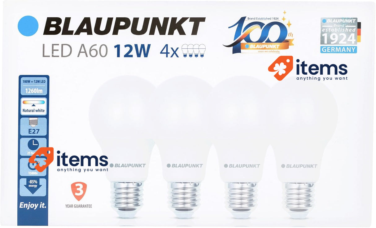 Blaupunkt LED Bulb Classic A60 LED lamp, E27 Base Screw, 12W Pack of 4 White