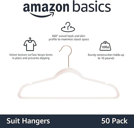 Amazon Basics Slim, Velvet Suit Clothes Hangers, 50-Pack, Blush Pink/Rose Gold