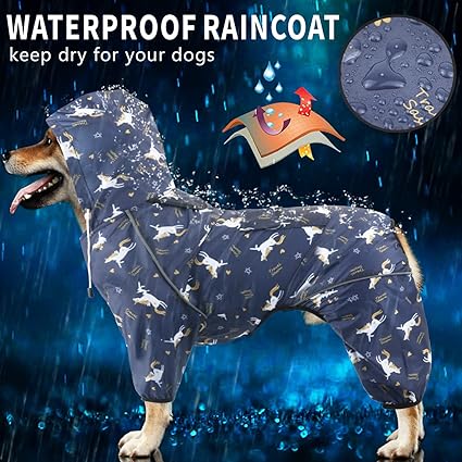 Idepet Dog Raincoat with Hood & Collar Hole 3XL Blue