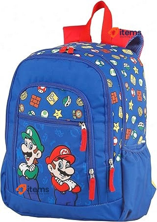 SUPER MARIO and Luigi School Bag Double Compartment and 2 Front Pockets Blue