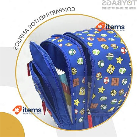 SUPER MARIO and Luigi School Bag Double Compartment and 2 Front Pockets Blue