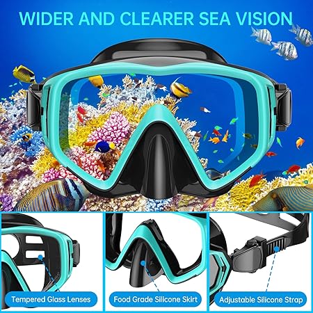 JEMULICE Adult Snorkel Set with Diving Goggles and Dry Snorkel Water Green