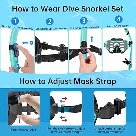 JEMULICE Adult Snorkel Set with Diving Goggles and Dry Snorkel Water Green