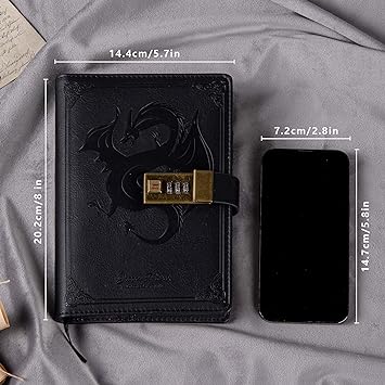 Dragon Leather Journal, Hardcover Notebook, Locked Refillable Diary, (Black)