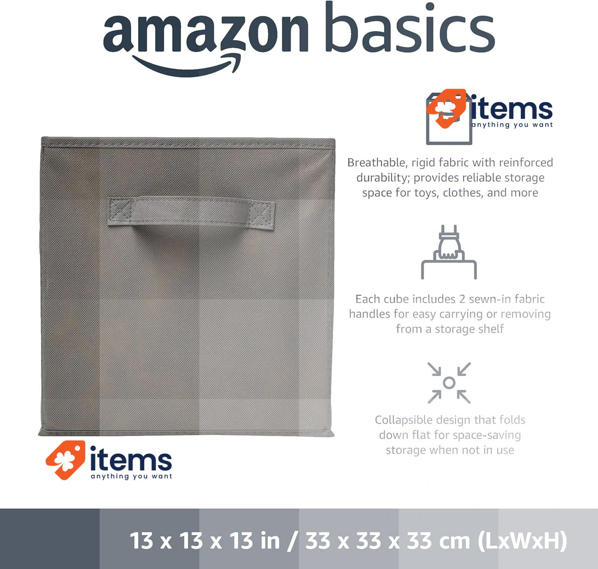 Amazon Basics Collapsible Fabric Storage Cube w/ Handles, 33 x 33 x 33 cm, Grey