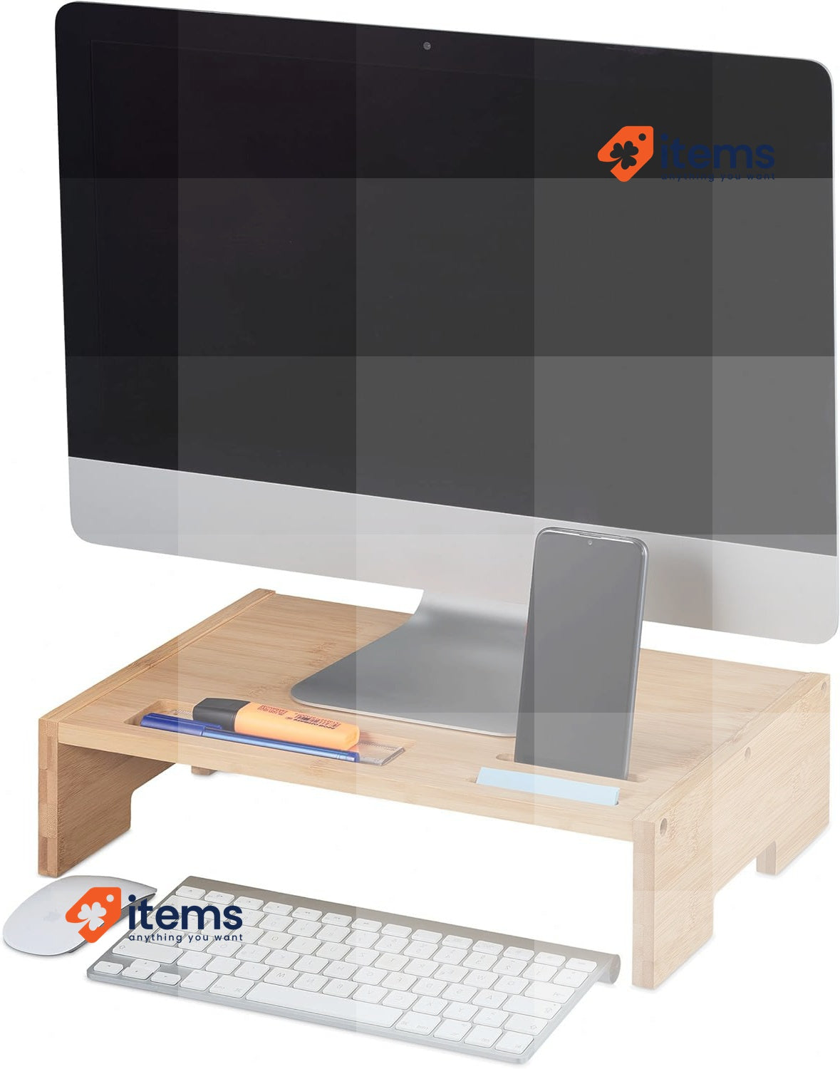 Relaxdays Bamboo Stand 3 Compartments Screen Riser Monitor Base 10,5x41x28cm