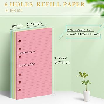 Skycase A6 Refill Paper, A6 Ring Binder Paper Line Paper 5 Foles Colours, line