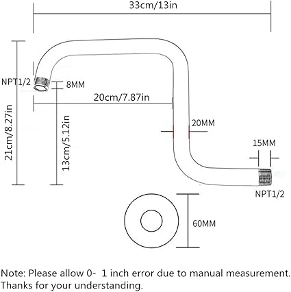 Jenngaoo 13in S-Shape Stainless Steel Shower Head Extension Arm (A)