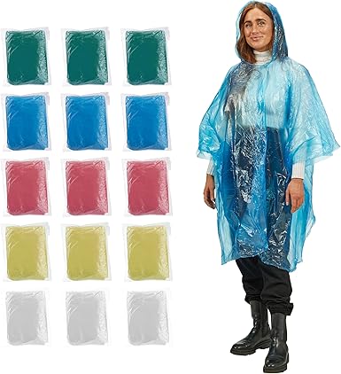 Relaxdays Disposable Rain Poncho, Set of 15, Disposable Rain Cape with Hood