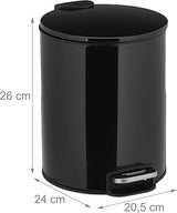 Relaxdays Bathroom Round Pedal  Dustbin 5 Litre Metal Black