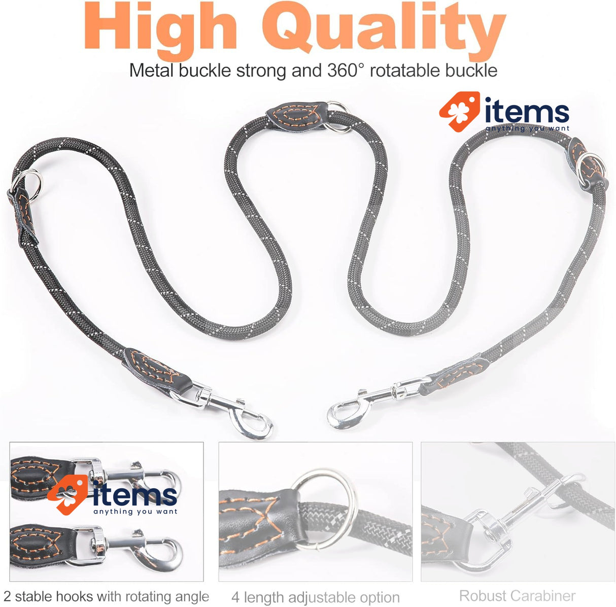 Trhillsbrad Dog Lead 3 mx10 mm, Adjustable Dog Lead for Any Dog, Robust, Black