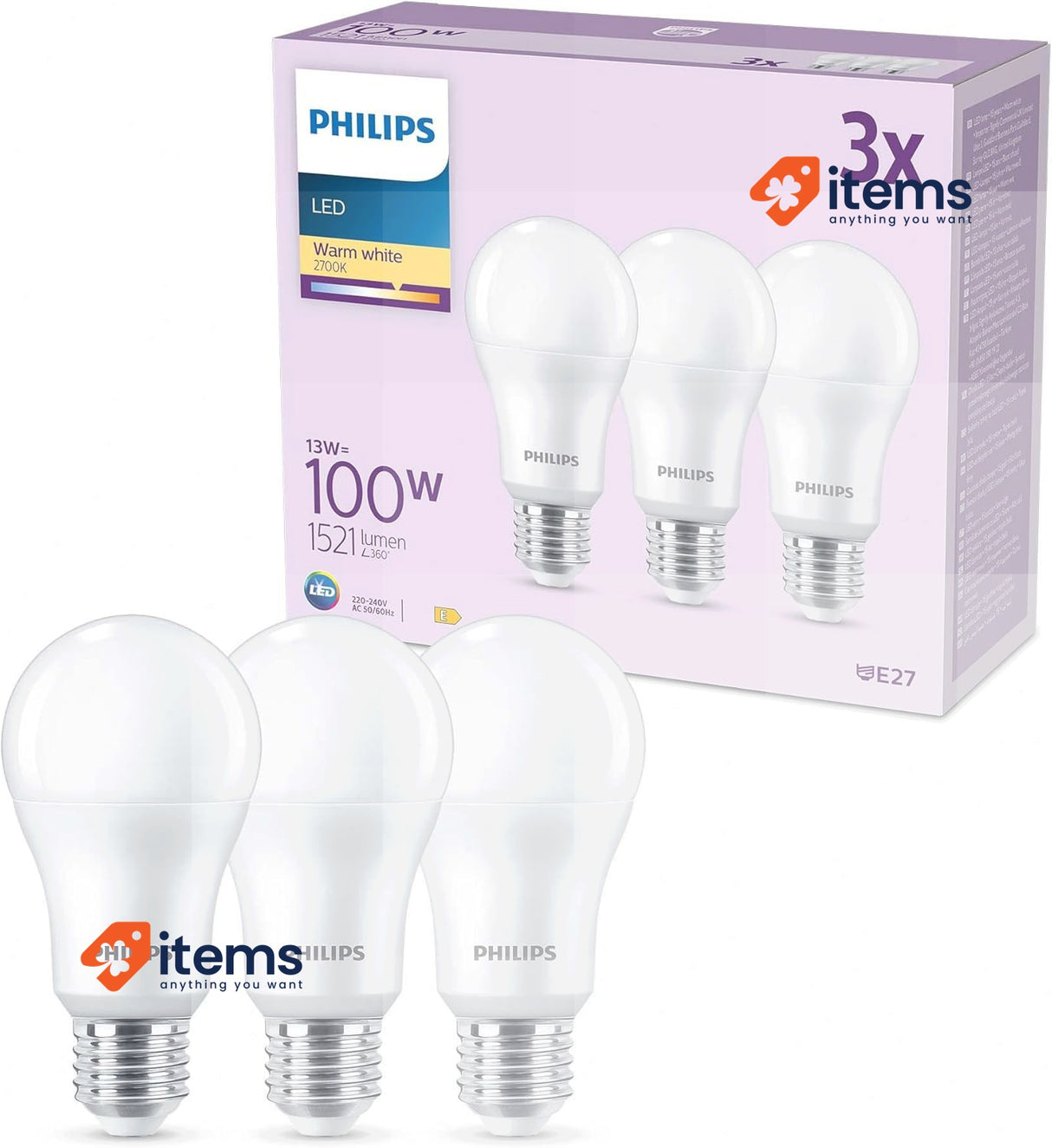 Philips LED Frosted A67 Light Bulb 3 Pack Warm White 2700K - E27 Edison Screw