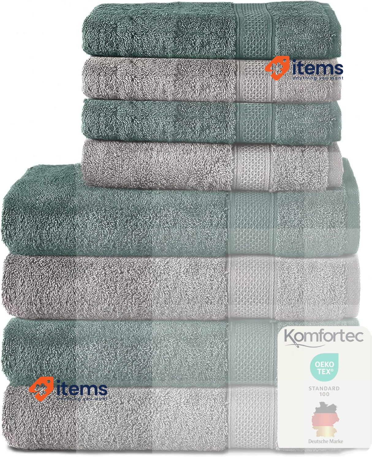 Komfortec Set of 4 Bath Towels & 4 Hand Towels, Anthracite Grey/Dark Green 8