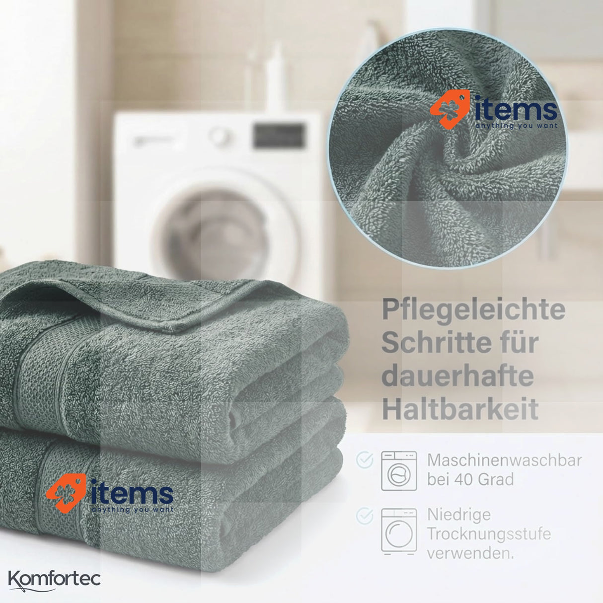 Komfortec Set of 4 Bath Towels & 4 Hand Towels, Anthracite Grey/Dark Green 8