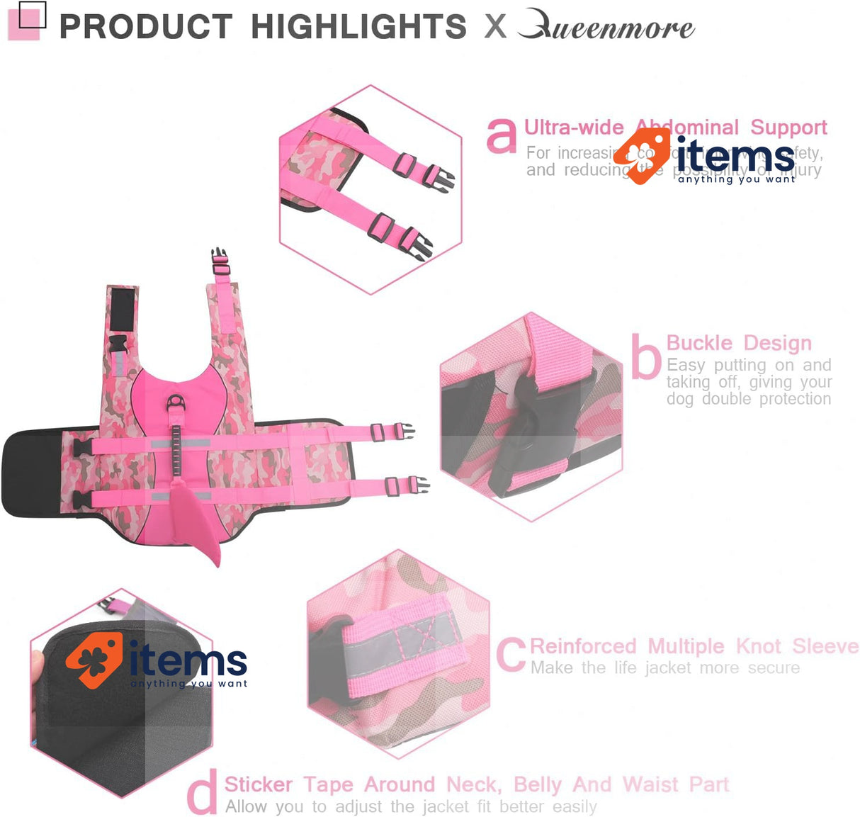 CITÉTOILE Dog Jackets Pink Camo Shark Life Jacket Buoyancy Aid Handle Reflective