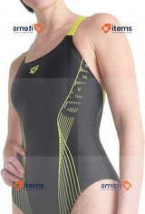 ARENA Damen Women s Swimsuit Swim Pro Back Graphic Black-Green, Size 30UK, 34DE