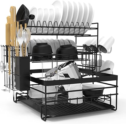 TONGKTAI Dish Drainer Rack, 3 Tier Drain Board Rack with Drip Tray Black