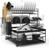 TONGKTAI Dish Drainer Rack, 3 Tier Drain Board Rack with Drip Tray Black